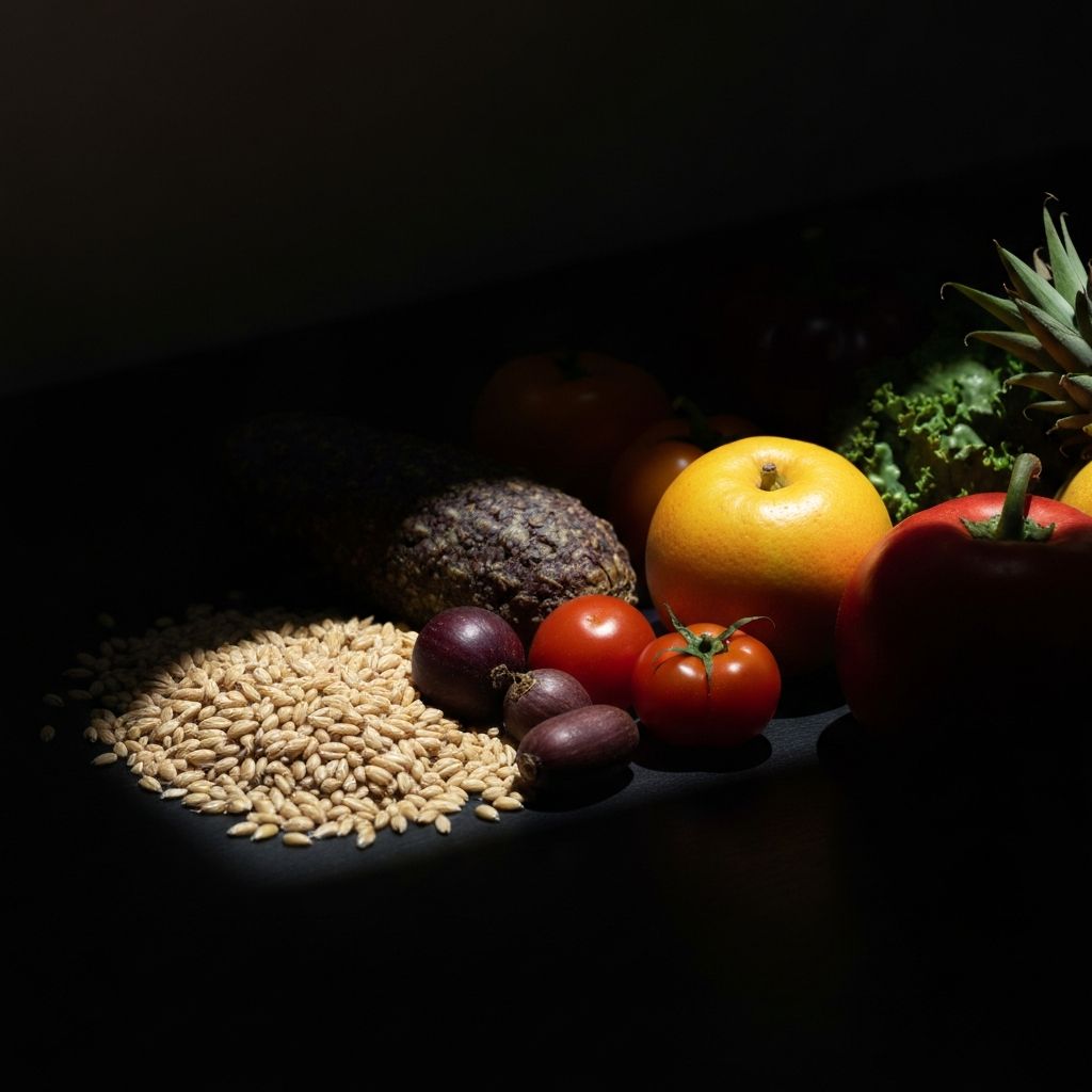 Verschiedene natürliche Lebensmittelquellen mit dramatischer Beleuchtung